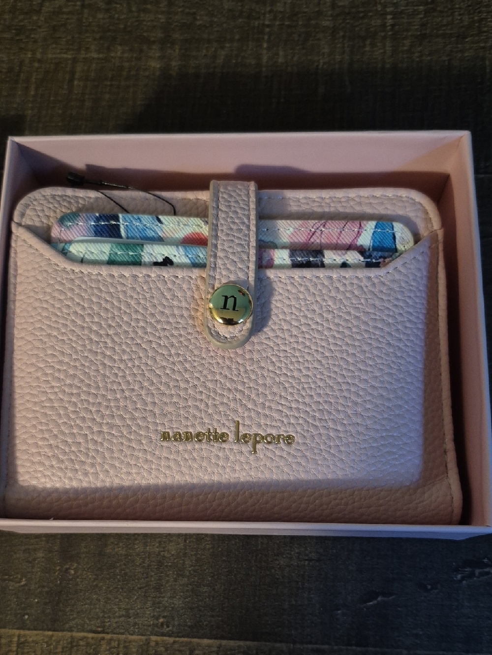 Nanette Lepore Pale Pink Pebbled Leather Card Wallet with Multicolor Card Slot
